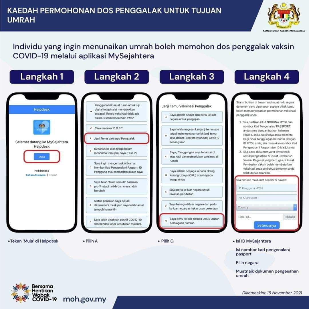 CARA DAFTAR VAKSIN DOS PENGGALAK BOOSTER MENERUSI MYSEJAHTERA ATAU WALK IN
